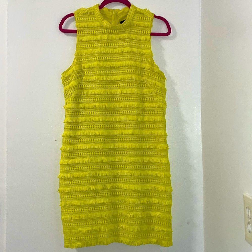 Beautiful bright yellow fringed tassel embroidered j crew lined dress